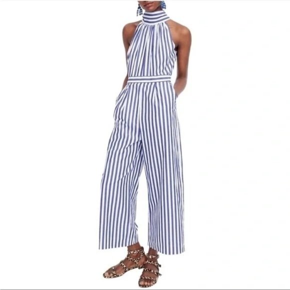 J. Crew Pants - J. Crew Women's Sz. 4 Blue & White Cotton Wide Leg Halter Jumpsuit